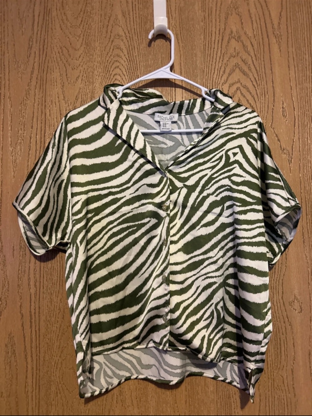 Rachel Zoe Olive Green and White Zebra Print Short Sleeve Button-Down Shirt
